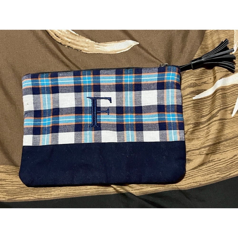 Makeup Bag Cosmetic Fabric Pouch Purse Toiletry Plaid Embroidered "F" Initial